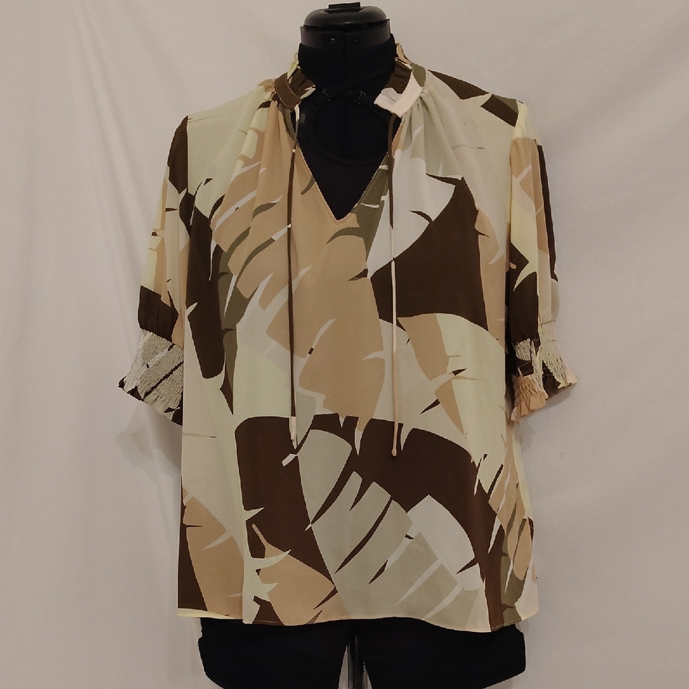 Worthington Short-Sleeve Abstract Print Top in Beige, Brown and Cream